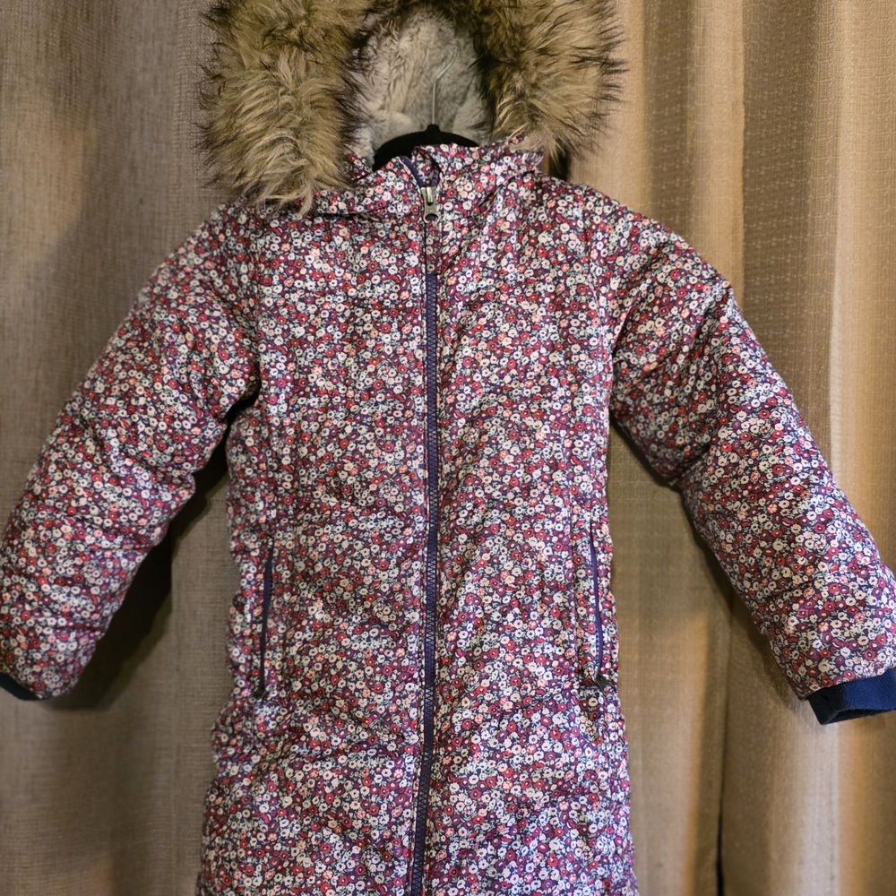 Lands' End Floral Kids Puffer Jacket with Faux Fur Hood